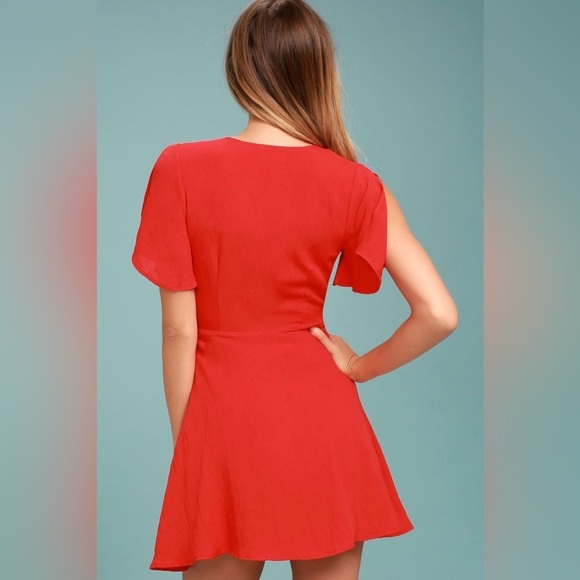Lulus Sea Day Red Skater Tie Front Short Sleeve Plunging Neckline Mini Dress - Picture 3 of 10